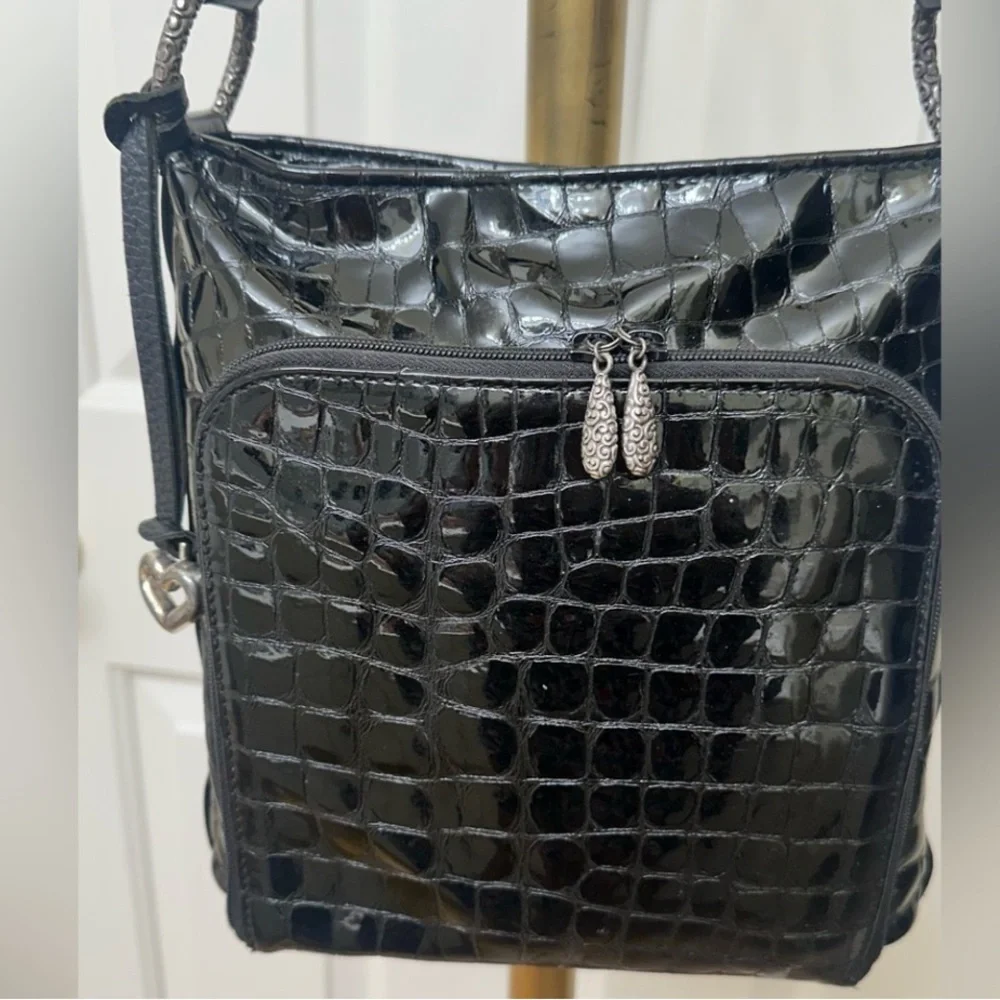 Brighton Black Croc Leather Crossbody Bag Silver Heart Charm Vintage Chic